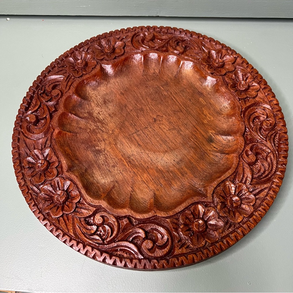 Vintage Mid Century Floral Relief Carved Wooden Serving Tray